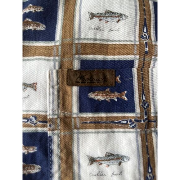 Vintage Woolrich Button Up Shirt Mens 2 XL Brown Blue Fish Print Made in USA - Picture 3 of 8